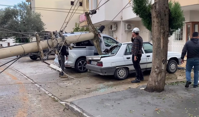 Devrilen elektrik direği otomobile çivi gibi saplandı